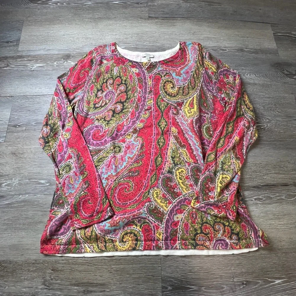 Talbots Paisley Knit Top Womens Medium Pink Multi Long Sleeve Cotton Pullover